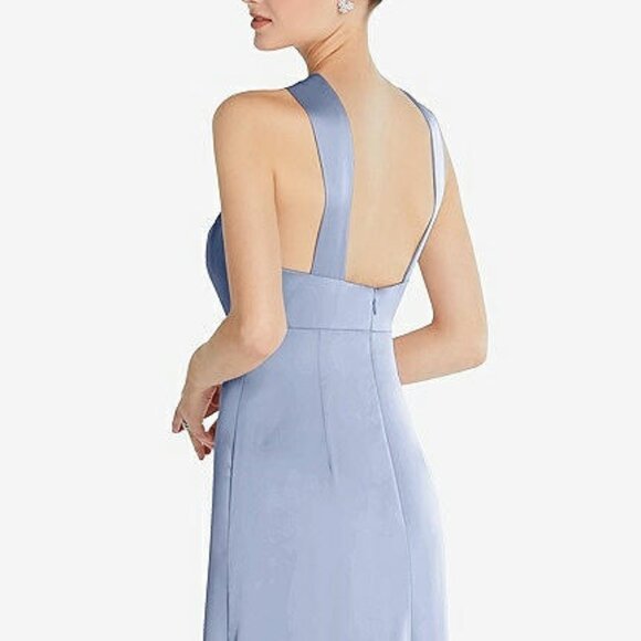 After Six 6855...Draped Twist Halter Low-Back Satin Empire Dress...Blue...Sz 12 - Picture 3 of 7